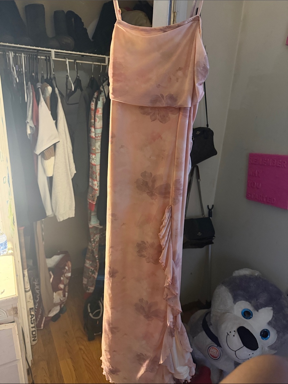 SHEIN Blush Pink Floral Ruffle Slip Maxi Dress